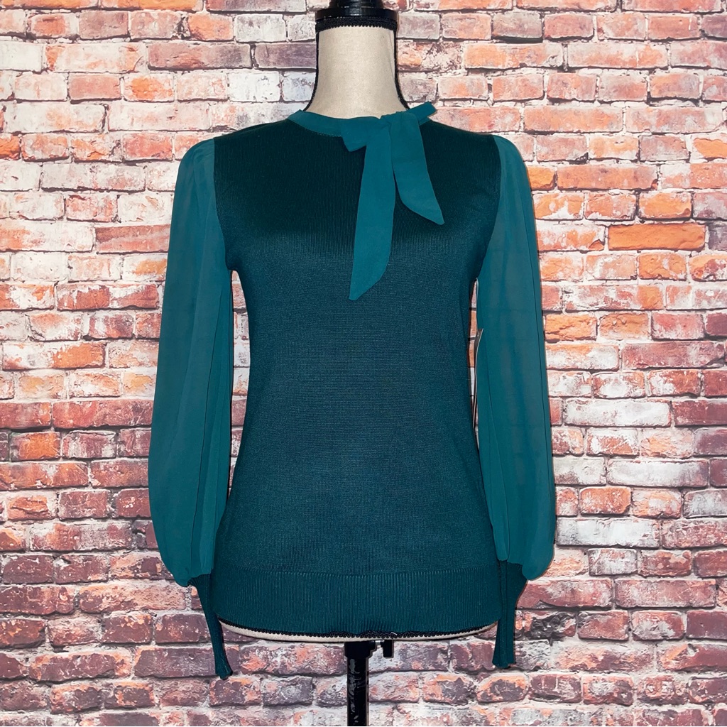Green Sheer Sleeve Bow Neck Sweater